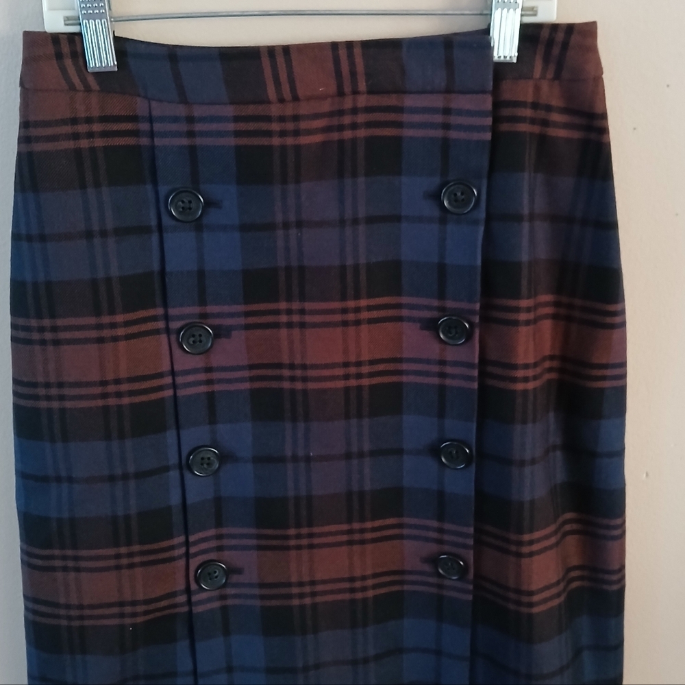 Plaid Double-Breasted Skirt - Blue and Brown